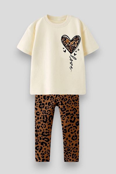 Magu Girl's Cotton Ecru Leopard Patterned T-Shirt and Leggings Set