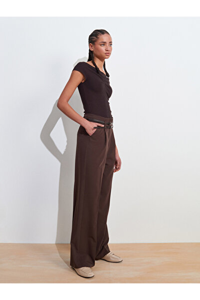 Dilvin 71617 Kemerli Yüksek Bel Pantolon-Kahve