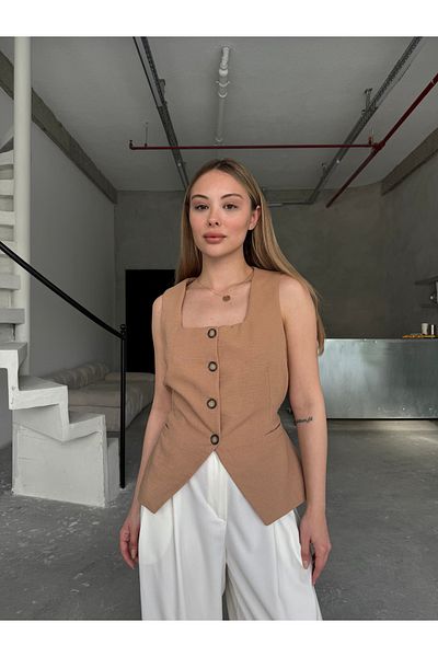 Zey Studio Women's Brown Square Collar Linen Vest with Back Tie Detail