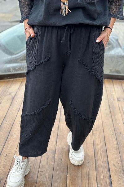 AYASOFYA OTANTIK Women's Black Elastic Waist Lace up Mesh Dirty Stitching Piece Pocket Loose Wide Leg Loose Linen Trousers