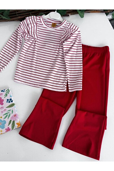 ribana Shoulder Ruffled Ribbed Spanish Leg Leopard Girl's Double Set