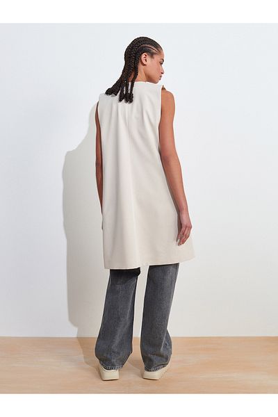 Dilvin 60574 V-Neck Long Vest with Side Window Detail-Stone