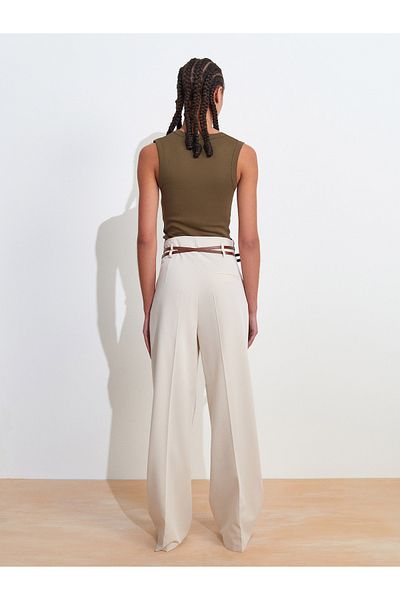 Dilvin 71617 Belted High Waist Pants-Stone