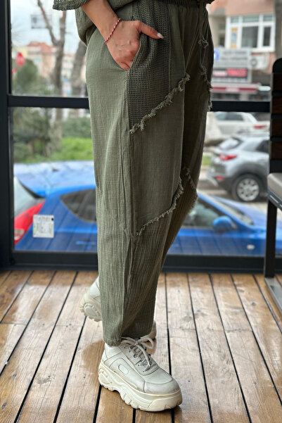 Genel Markalar Kadın Haki Beli Lastikli Bağcıklı Fileli Pis Dikiş Parçalı Cepli Bol Paça Salaş Keten Pantolon