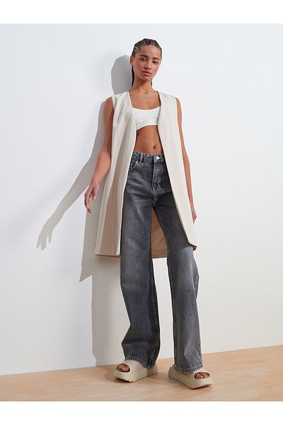 Dilvin 60574 V-Neck Long Vest with Side Window Detail-Stone
