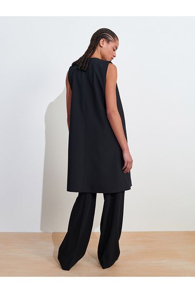 Dilvin 60574 V-Neck Long Vest with Side Window Detail-Black