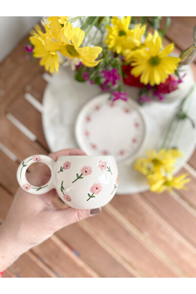 Mugtasarım Vintage Pink Floral Handmade Ceramic Double Turkish Coffee Cup