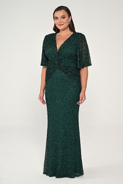 ALFABETA Alpha Beta Women's V Neck Short Sleeve Beaded Fabric Long Evening Dress