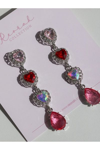 Reorah Collection Shiny Heart Earrings-Dangle Three Hearts Earrings with Stones
