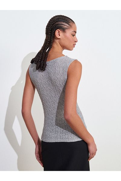 Dilvin 21016 Boat Neck Lace Top-Gray