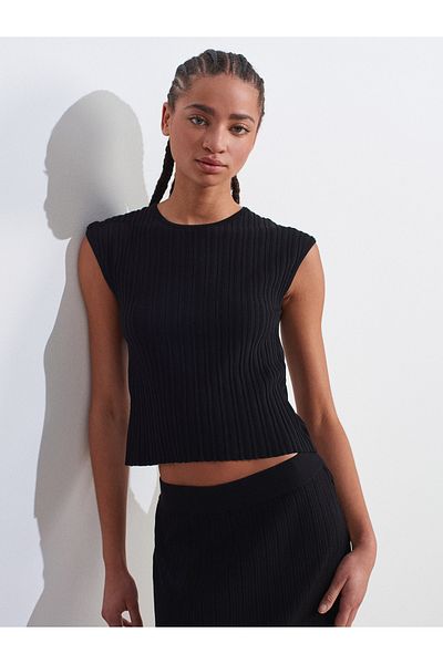 Dilvin 10738 Crew Neck Ribbed Thin Knitwear Blouse-Black
