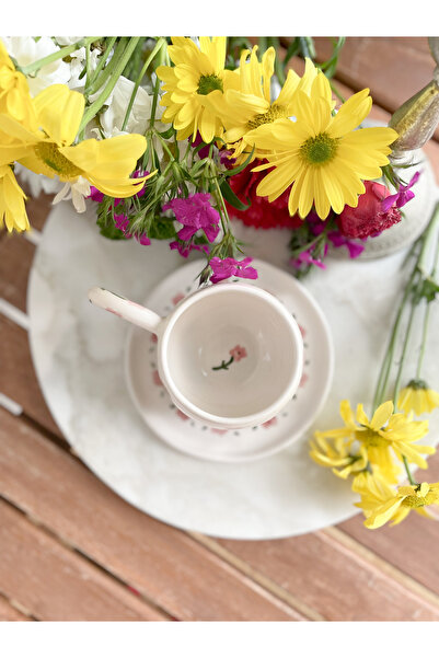 Mugtasarım Vintage Pink Floral Handmade Ceramic Double Turkish Coffee Cup