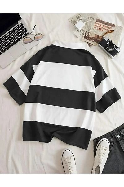 Jooy Unisex Black and White Striped Half Zipper Polo Neck T-Shirt