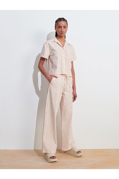 Dilvin 71633 Long Draped Stylish Trousers-Ecru
