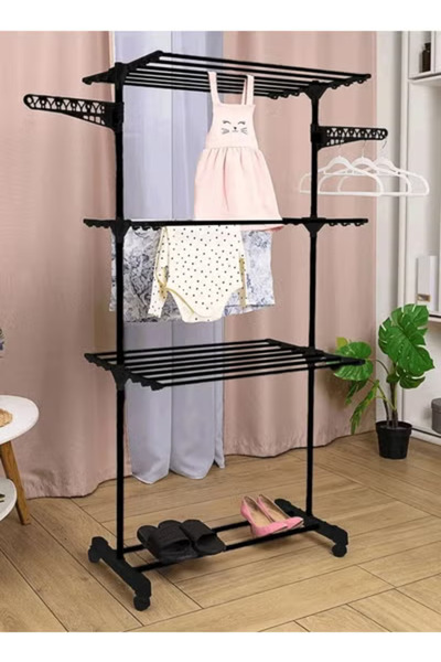 Taimi Foldable 4 Tier Clothes Drying Rack for Laundry Rolling- Black -170X76X50 cm