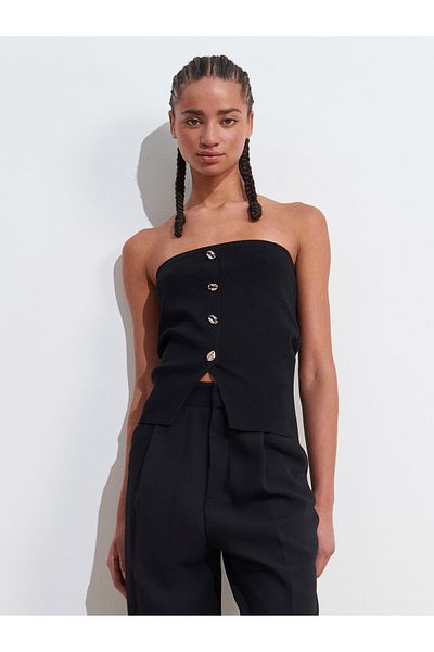 Dilvin 10739 Strapless Buttoned Knitwear Top-Black