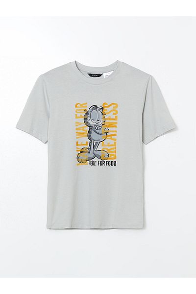 LC Waikiki Xside Gray Crew Neck Garfield Printed Combed Cotton Men's T-Shirt