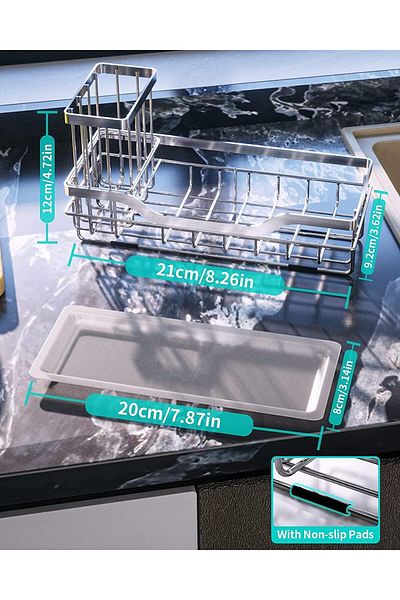 COOYA Sponge Holder for Kitchen Sink Caddy, 304 Stainless Steel, with Removable Drain Tray(Silver)