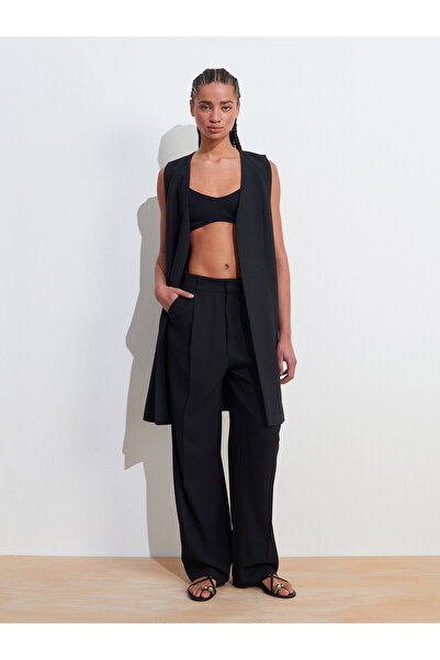 Dilvin 60574 V-Neck Long Vest with Side Window Detail-Black