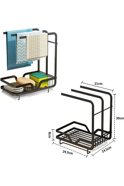 COOYA Sponge Holder with Drain Pan, Towel Rack, for Kitchen Countertop, Black