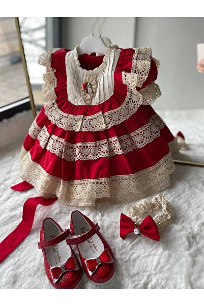 shopland Kız Bebek Kırmızı Vintage  Mevlüt Elbisesi+ Toka, Özel Gün Çocuk Abiye Elbise