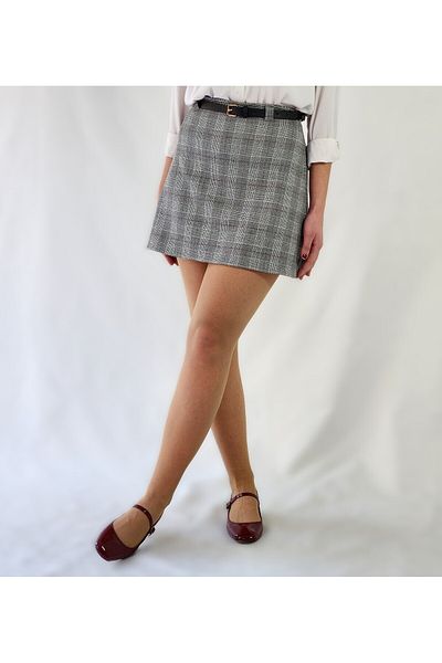 MRV DESIGN Belted High Waist Grey Plaid Woven Fabric Mini A-Line Skirt