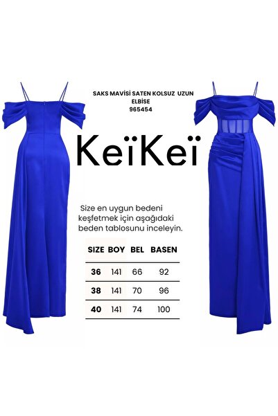 Keikei Saks mavisi saten kolsuz uzun elbise