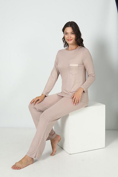 CONFEO Women's Long Sleeve Collar Viscose Stone Pajama Set C9T3N5O-048
