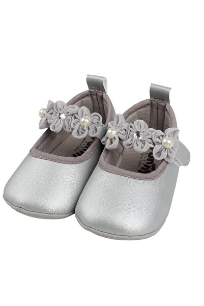 bebegen Kız Bebek Gri Çiçek Taşlı Babet Ayakkabı