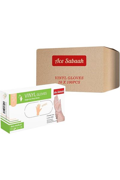 Ace Sabaah Disposable Vinyl Gloves 100pcs, Pack of 10 (Small)