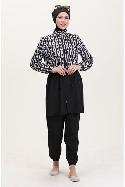 sefamerve Elastic Waist Chain Patterned Zippered Hijab Swimsuit with Bonnet Gift 9005A-01 Black White
