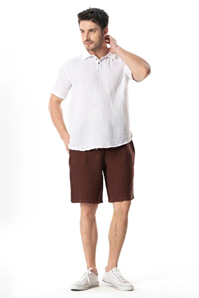 Eliş Şile Bezi Beli Lastikli Multi Diz Üstü Müslin Erkek Yazlık Şort Kahve Khv