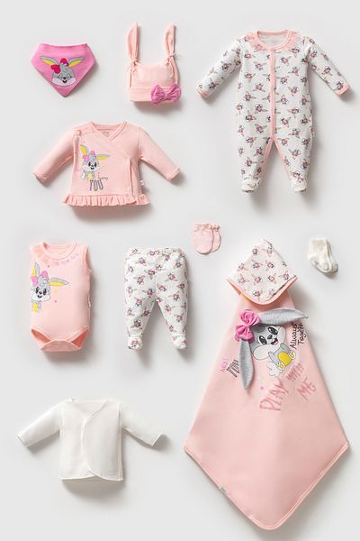 İmaj Bunny Baby Girl 10 Piece Hospital Discharge, Bodysuit Set, Baby Set
