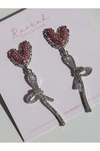 Reorah Collection Romantic Gem Heart Earrings-Dangle Earrings with Rhinestone Bow