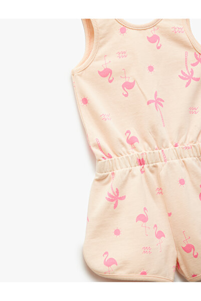 Koton Flamingo Printed Cotton Jumpsuit with Elastic Waist and Straps