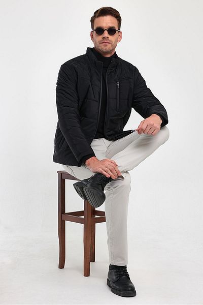 SİVAİST Men's Black Standard Fit Regular Cut Stand Collar Shoulder Detailed Winter Coat