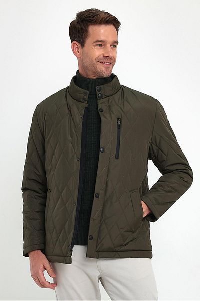 SİVAİST Men's Green Standard Fit Normal Cut Furry Stand Collar Snap Fastener Padded Patterned Overcoat
