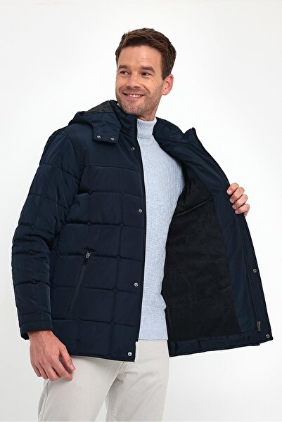SİVAİST Men's Navy Blue Standard Fit Normal Cut Hooded Stand-Up Collar Coat