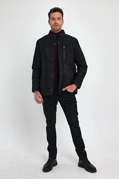 SİVAİST Men's Black Standard Fit Regular Cut Furry Stand Collar Snap Detail Zippered Winter Coat