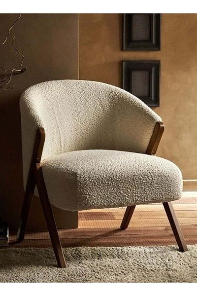 soufa dibaj Chair|Bouclee And Dark Brown Wood Legs 60x70x60 cm- White