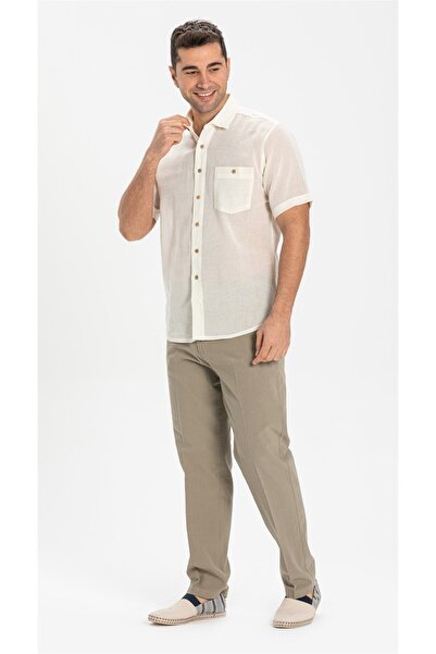 Eliş Şile Bezi Κοντό μανίκι Şile υφασμάτινο μονό τσεπάκι ανδρικό καλοκαιρινό πουκάμισο κρέμα 3002