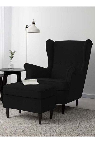 House One 2 Pieces | Chair king Velvet with Two Wings And FootStool - Black