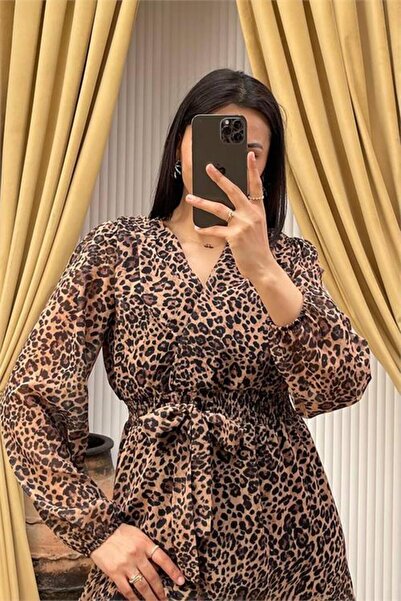 Dipmoda γυναικείο φόρεμα σιφόν με ζώνη, σετ Λεοπάρ μοτίβο τεμαχίων DPMY3709