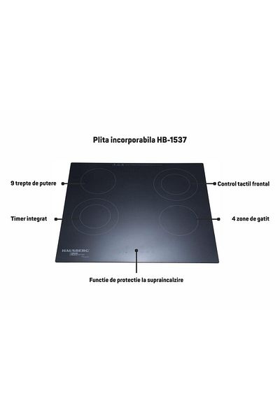Hausberg Εντοιχιζόμενη εστία HB-1537, Υαλοκεραμική, 4 ζώνες μαγειρέματος, 9 επίπεδα, 3200 W, Αφής, Χρονοδιακόπτης, Μαύρο