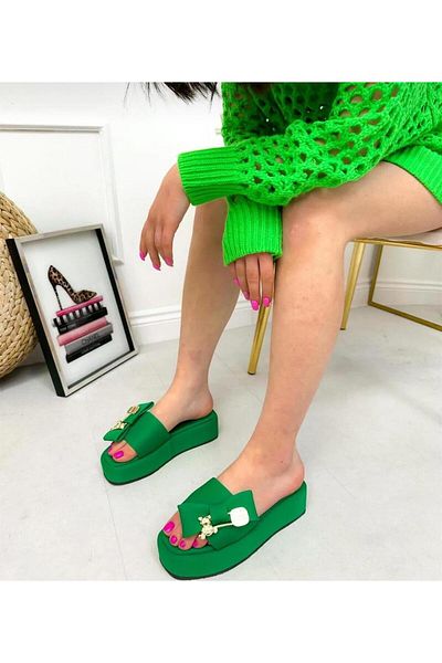 homiro Green Women's Slippers - Gold Bow Detail