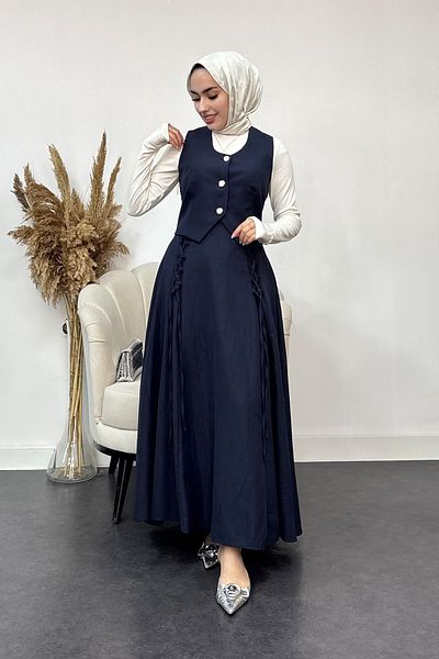 Tesettür Diyarı Women's Lizza Fabric Skirt with Shirred Vest Double Set - Navy Blue