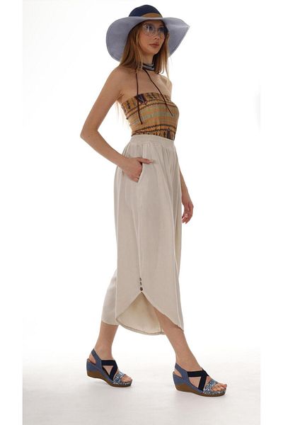 AYASOFYA OTANTIK Women's Beige Elastic Waist Slit Buttoned Antique Drtayli Loose Long Trouser Skirt