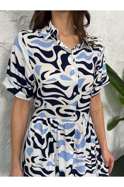 Elif Özbey Butik Ecru Navy Blue Patterned Elastic Waist Dress