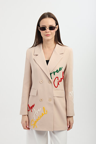 Milamia Jachetă cu două rânduri de nasturi bej cu broderie cu nasturi în part...