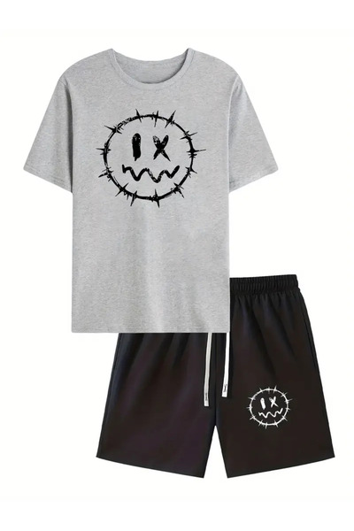 LUNAVISTA Stylish Men's Set - Short Sleeve T-Shirt and Lace-Up Shorts, Smile ...